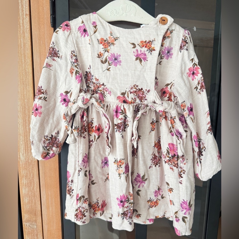 Zara Kids floral long sleeve dress bow tie front beige baby toddler girl